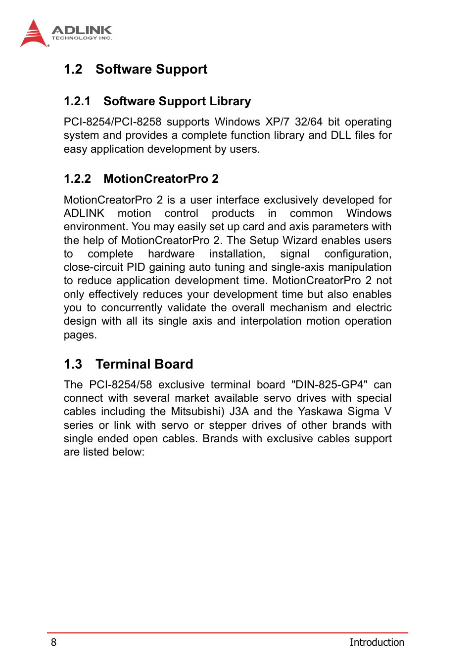 2 software support, 1 software support library, 2 motioncreatorpro 2 | 3 terminal board, Software support, Software support library motioncreatorpro 2, Terminal board | ADLINK PCI-8258 User Manual | Page 22 / 226