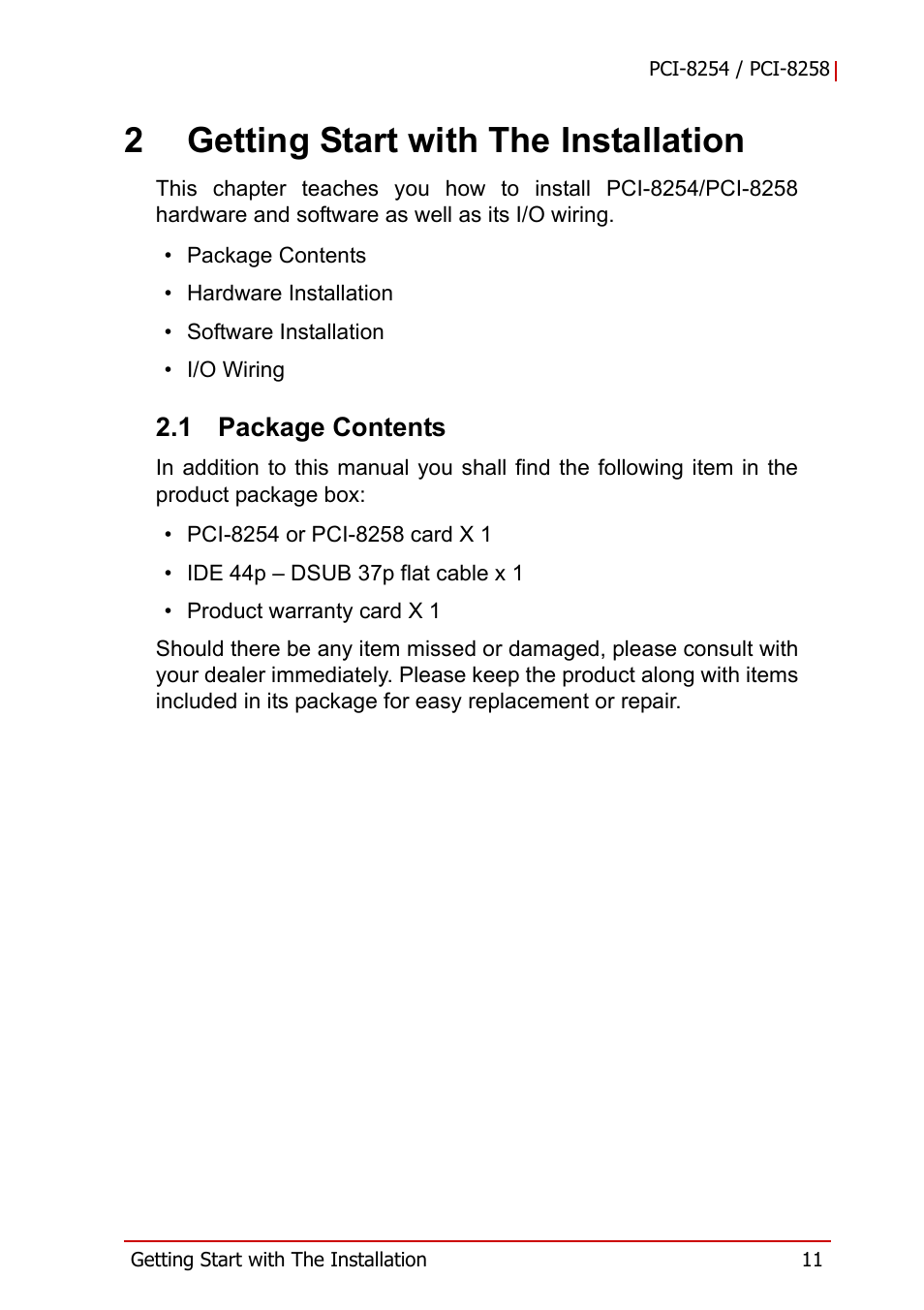 2 getting start with the installation, 1 package contents, Package contents | 2getting start with the installation | ADLINK PCI-8258 User Manual | Page 25 / 226