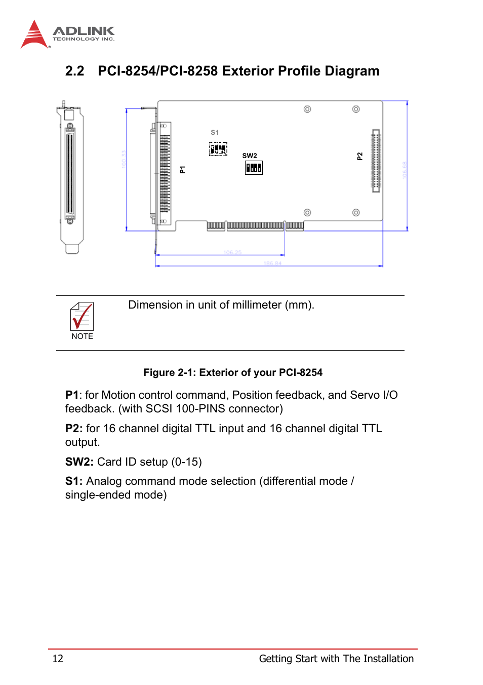 2 pci-8254/pci-8258 exterior profile diagram, Pci-8254/pci-8258 exterior profile diagram, Figure 2-1 | Exterior of your pci-8254, Dimension in unit of millimeter (mm) | ADLINK PCI-8258 User Manual | Page 26 / 226