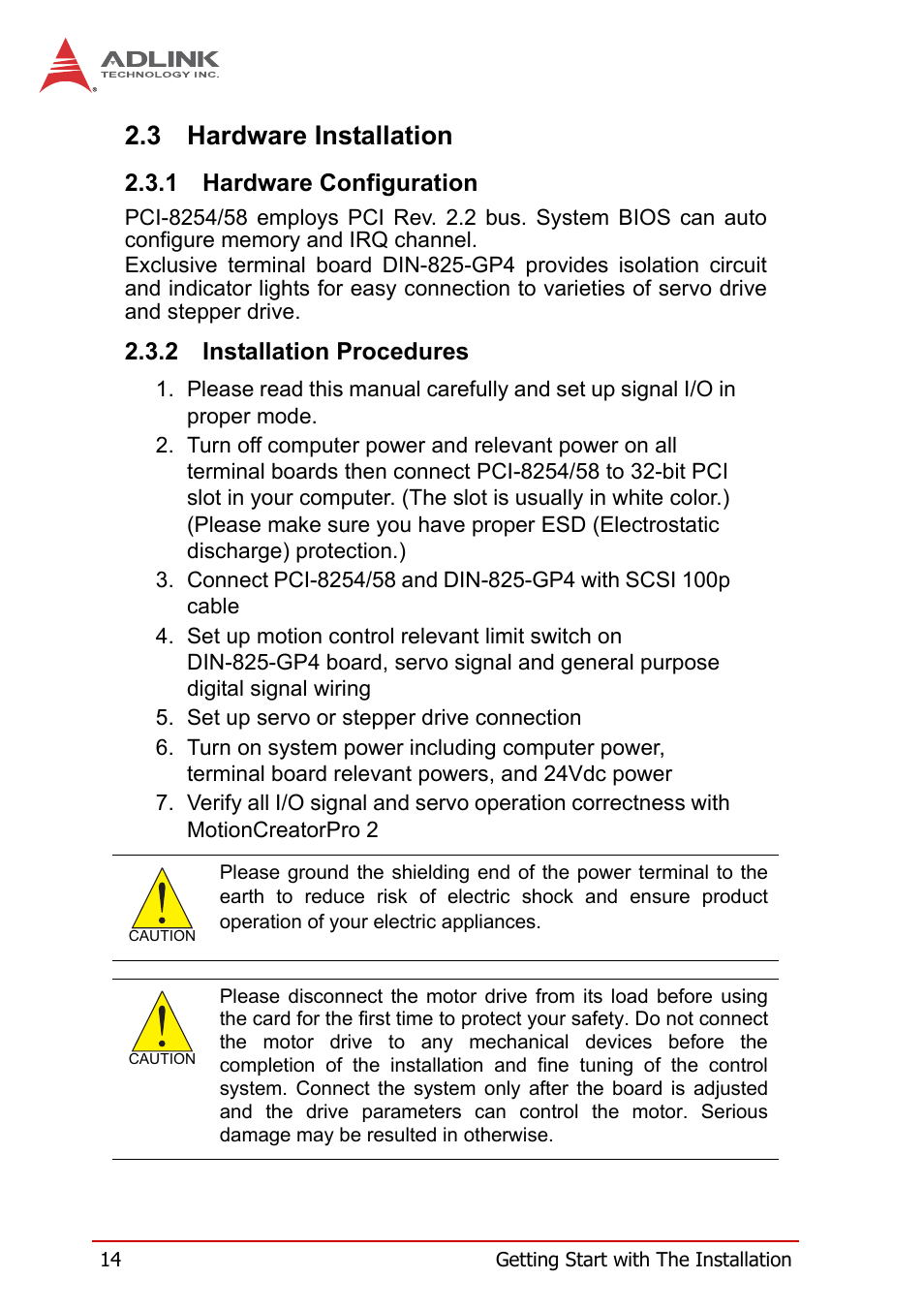 3 hardware installation, 1 hardware configuration, 2 installation procedures | Hardware installation, Hardware configuration installation procedures | ADLINK PCI-8258 User Manual | Page 28 / 226