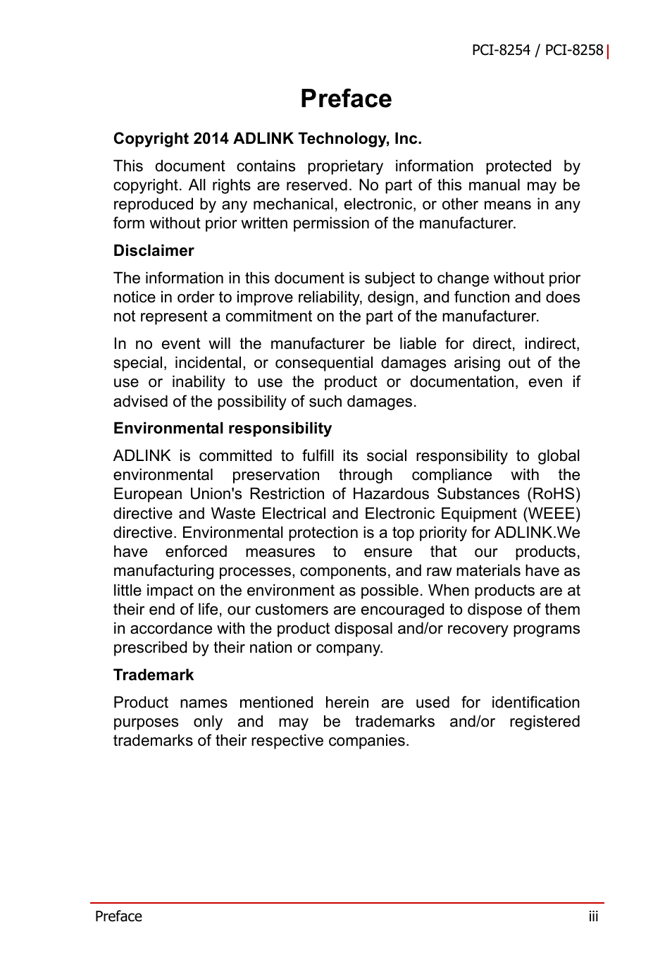 Preface | ADLINK PCI-8258 User Manual | Page 3 / 226