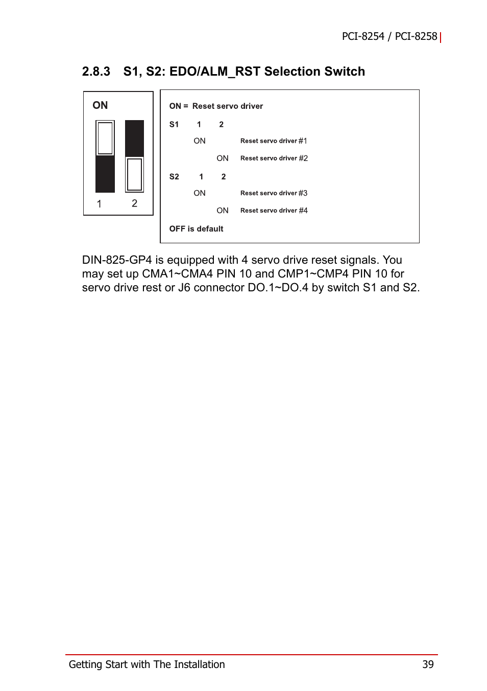 3 s1, s2: edo/alm_rst selection switch, S1, s2: edo/alm_rst selection switch | ADLINK PCI-8258 User Manual | Page 53 / 226