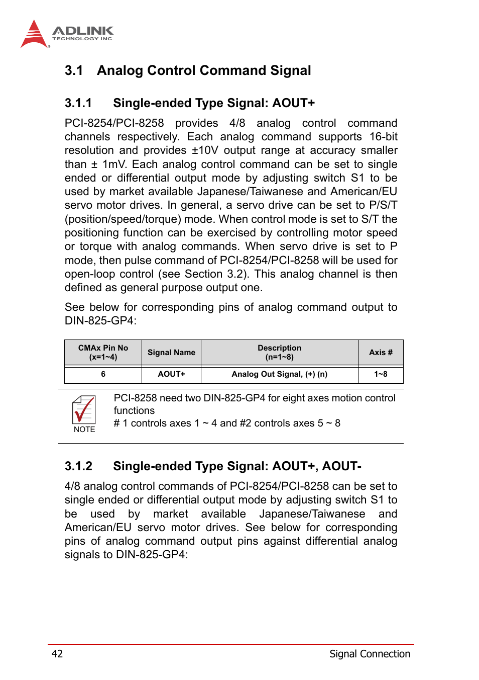 1 analog control command signal, 1 single-ended type signal: aout, 2 single-ended type signal: aout+, aout | Analog control command signal, Single-ended type signal: aout, Single-ended type signal: aout+, aout | ADLINK PCI-8258 User Manual | Page 56 / 226