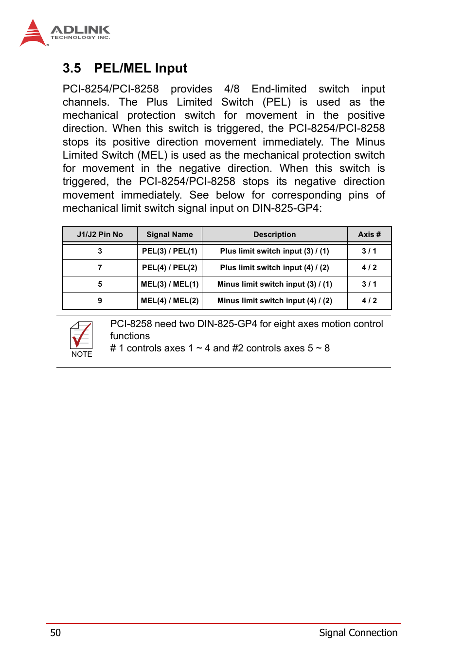 5 pel/mel input, Pel/mel input, 50 signal connection | ADLINK PCI-8258 User Manual | Page 64 / 226