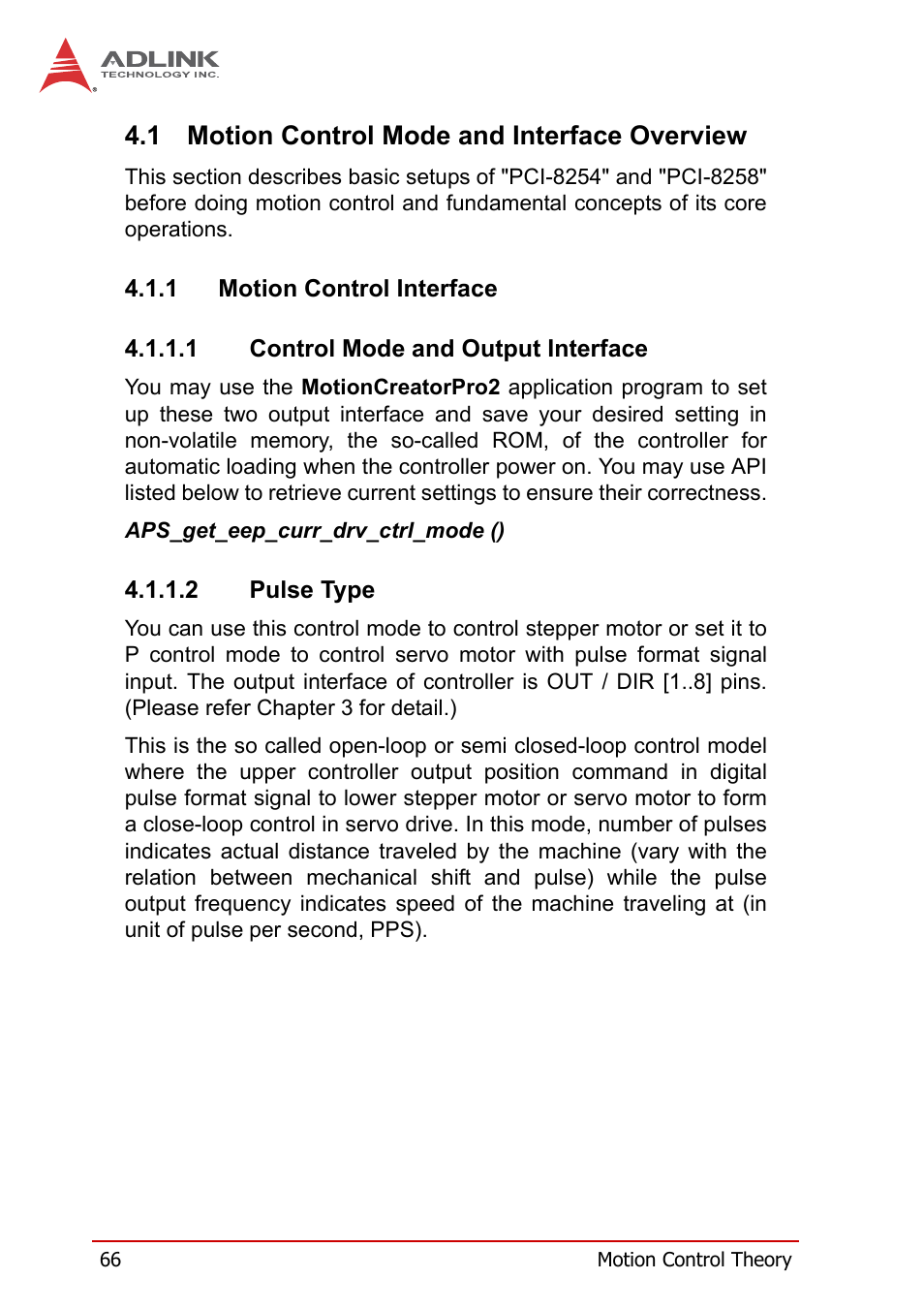 1 motion control mode and interface overview, 1 motion control interface, Motion control mode and interface overview | Motion control interface | ADLINK PCI-8258 User Manual | Page 80 / 226