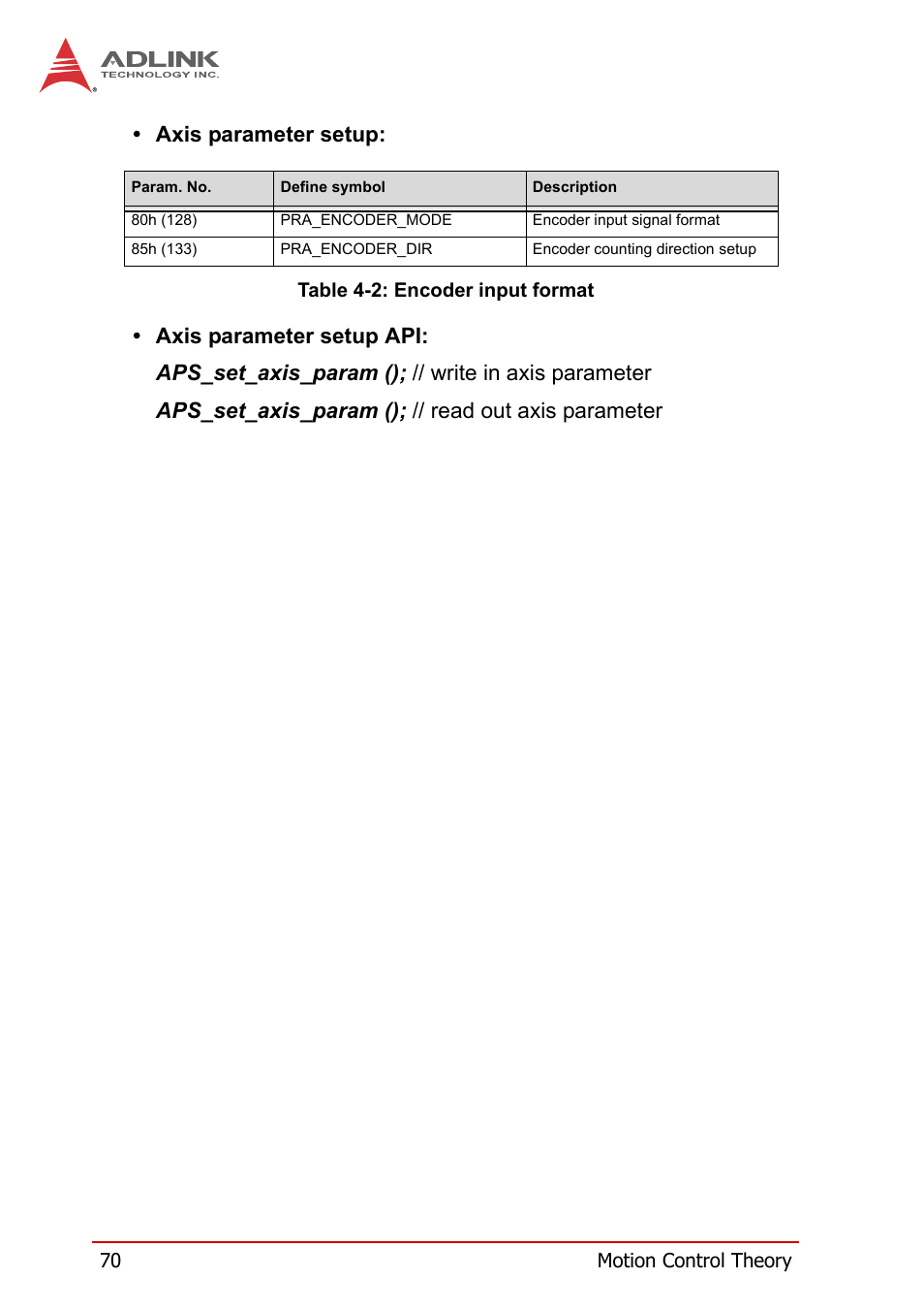 Table 4-2, Encoder input format, Axis parameter setup | ADLINK PCI-8258 User Manual | Page 84 / 226