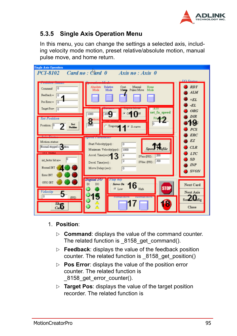 5 single axis operation menu, Single axis operation menu | ADLINK PCI-8158 User Manual | Page 105 / 220