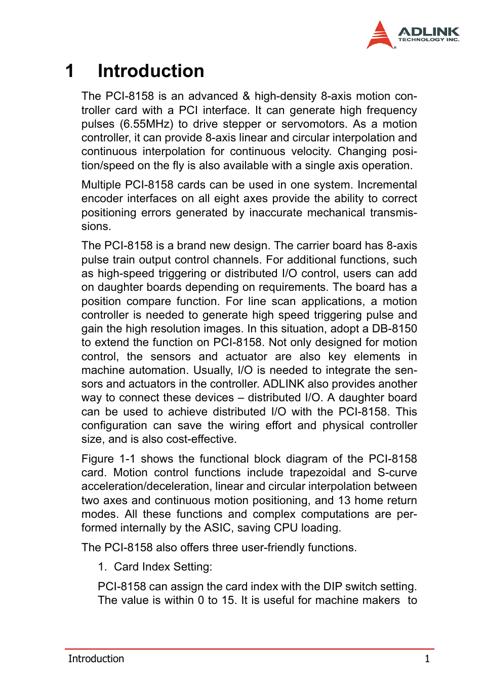 1 introduction, 1introduction | ADLINK PCI-8158 User Manual | Page 11 / 220