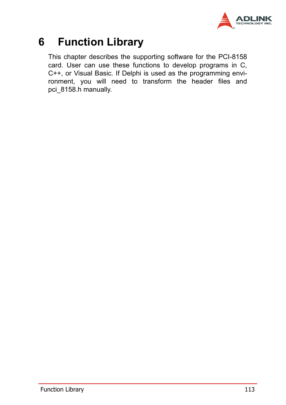 6 function library, 6function library | ADLINK PCI-8158 User Manual | Page 123 / 220