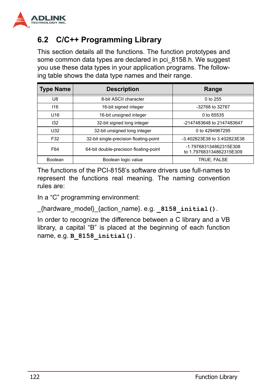 2 c/c++ programming library, C/c++ programming library | ADLINK PCI-8158 User Manual | Page 132 / 220