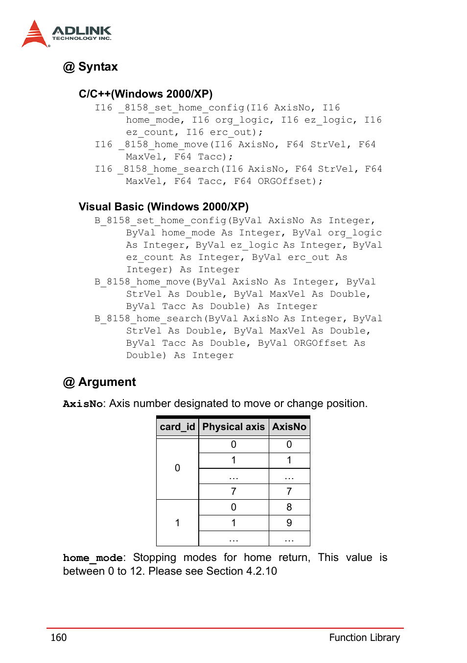 Syntax, Argument | ADLINK PCI-8158 User Manual | Page 170 / 220