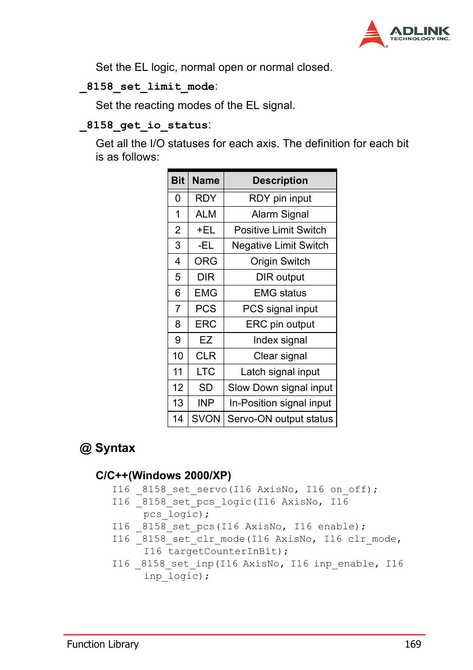 Syntax | ADLINK PCI-8158 User Manual | Page 179 / 220
