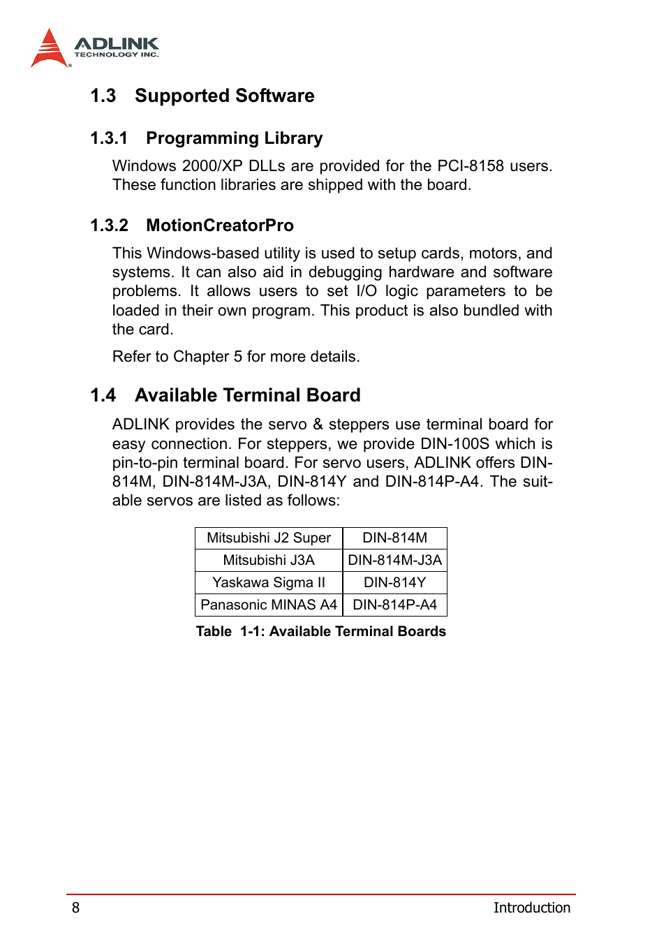 3 supported software, 1 programming library, 2 motioncreatorpro | 4 available terminal board, Supported software, Programming library motioncreatorpro, Available terminal board, Table 1-1: available terminal boards | ADLINK PCI-8158 User Manual | Page 18 / 220