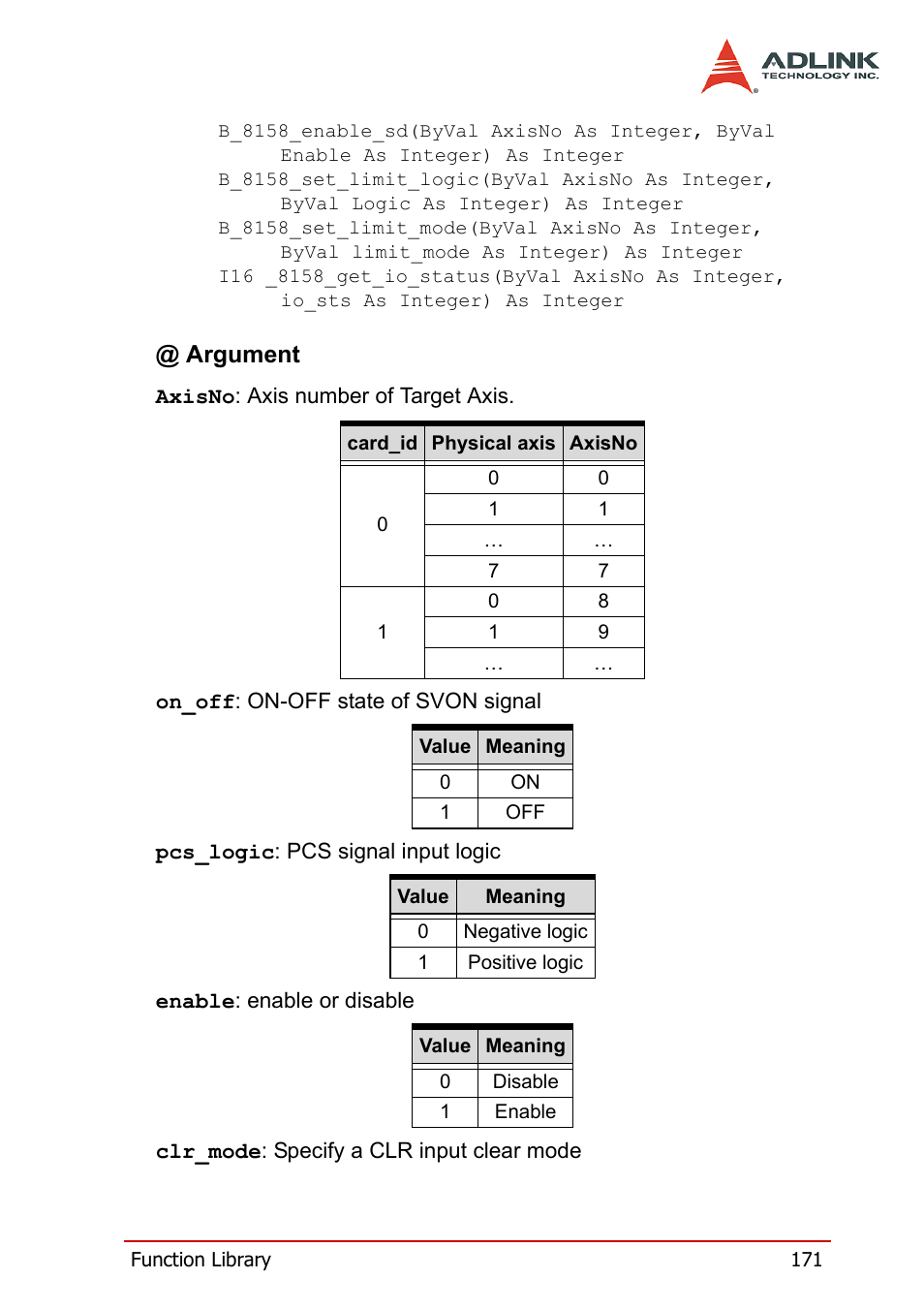 Argument | ADLINK PCI-8158 User Manual | Page 181 / 220