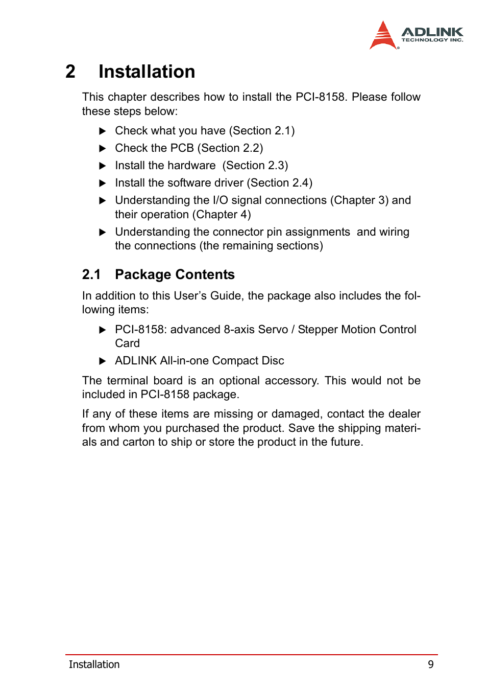 2 installation, 1 package contents, Package contents | 2installation | ADLINK PCI-8158 User Manual | Page 19 / 220