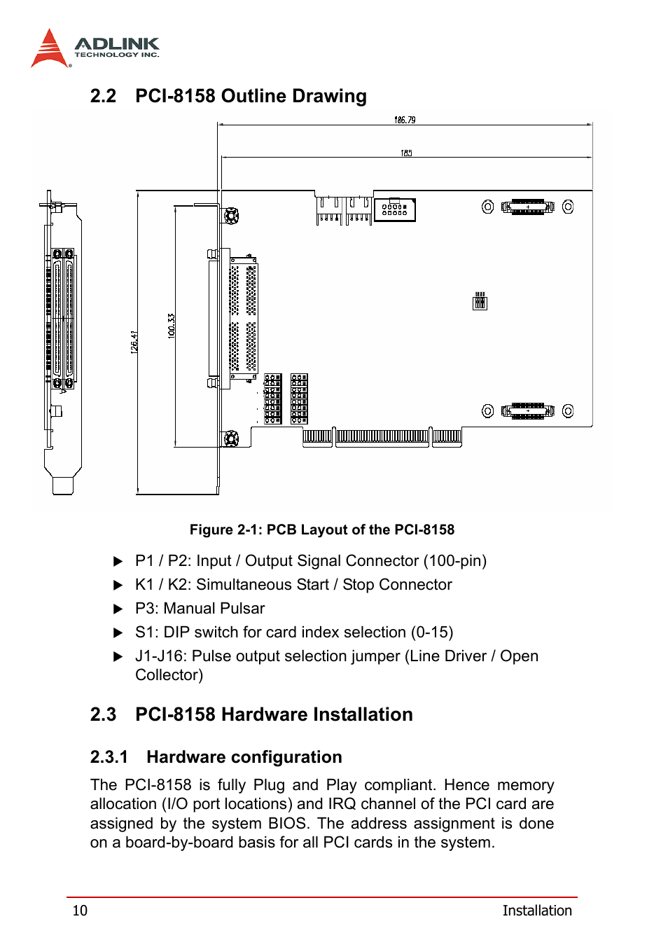 2 pci-8158 outline drawing, 3 pci-8158 hardware installation, 1 hardware configuration | Pci-8158 outline drawing, Pci-8158 hardware installation, Hardware configuration | ADLINK PCI-8158 User Manual | Page 20 / 220