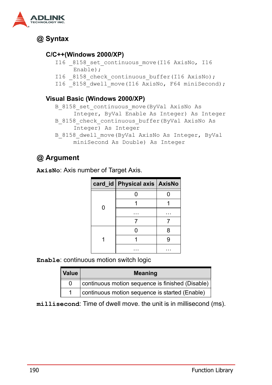 Syntax, Argument | ADLINK PCI-8158 User Manual | Page 200 / 220