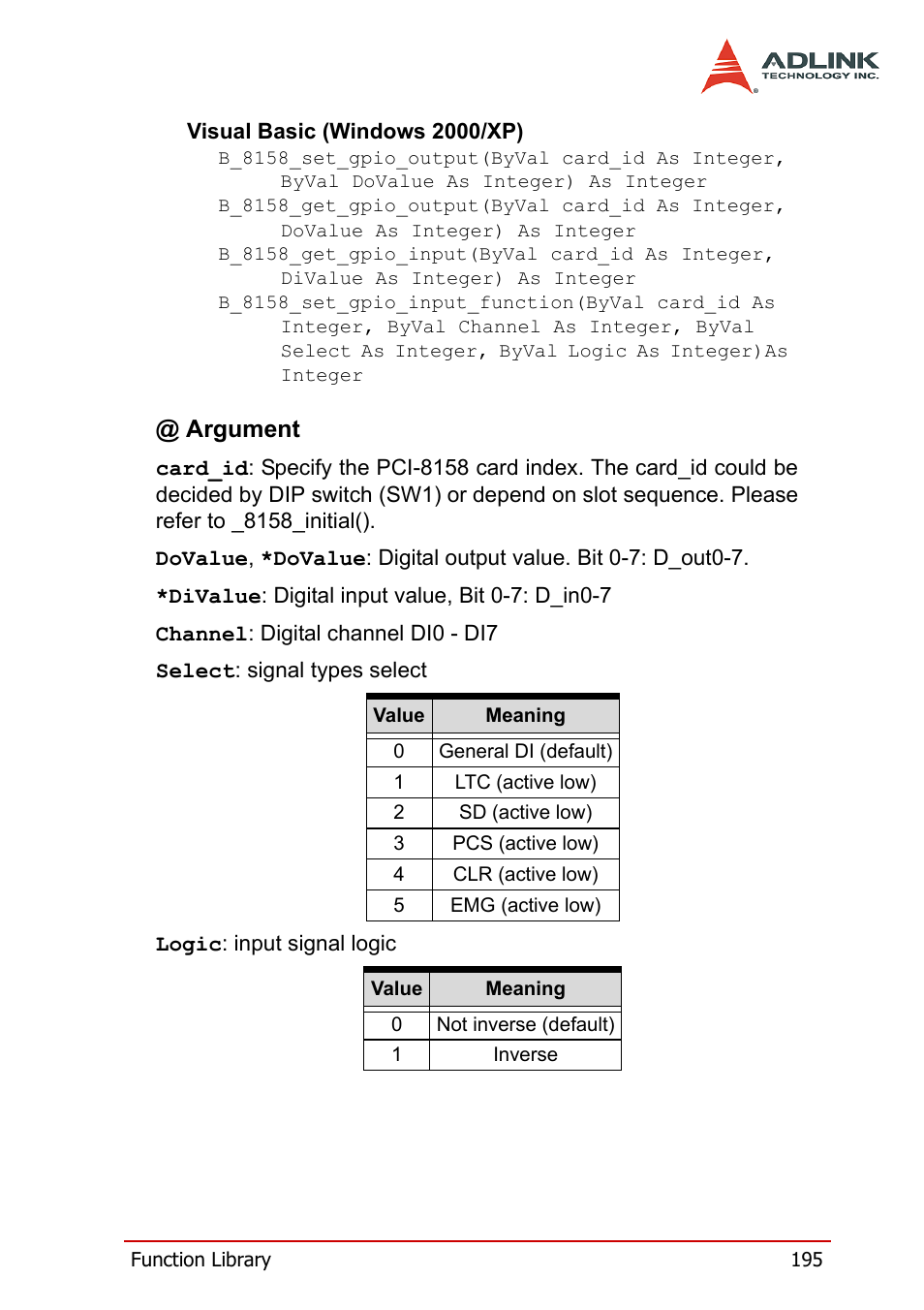 Argument | ADLINK PCI-8158 User Manual | Page 205 / 220