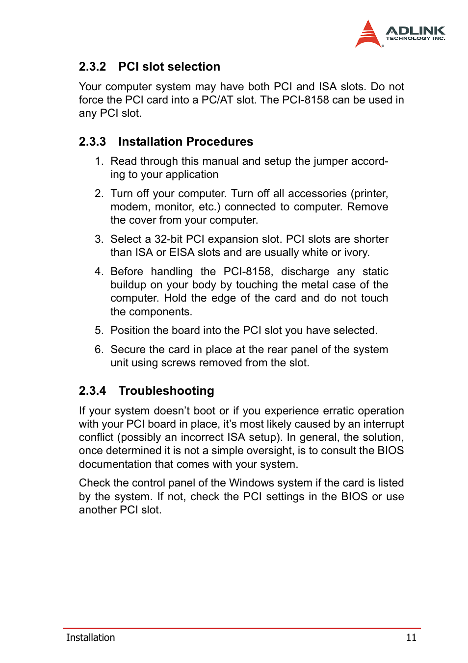 2 pci slot selection, 3 installation procedures, 4 troubleshooting | ADLINK PCI-8158 User Manual | Page 21 / 220