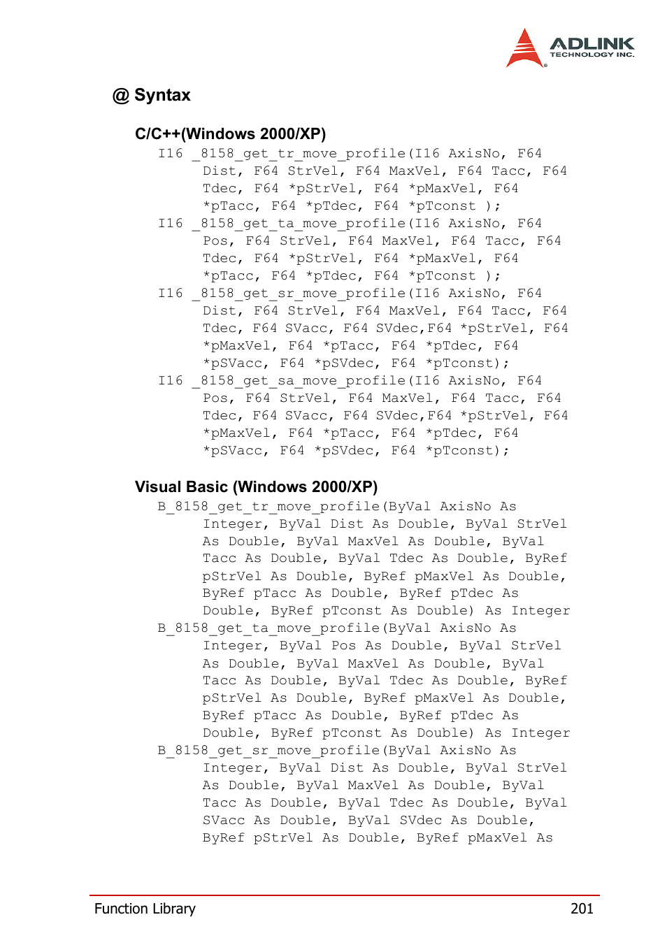 Syntax | ADLINK PCI-8158 User Manual | Page 211 / 220