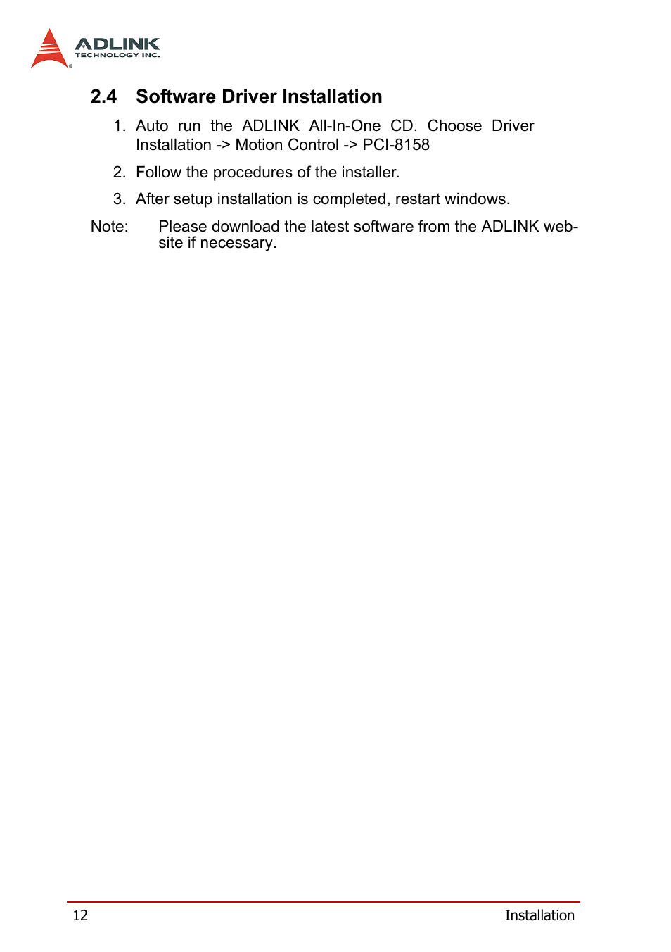 4 software driver installation, Software driver installation | ADLINK PCI-8158 User Manual | Page 22 / 220