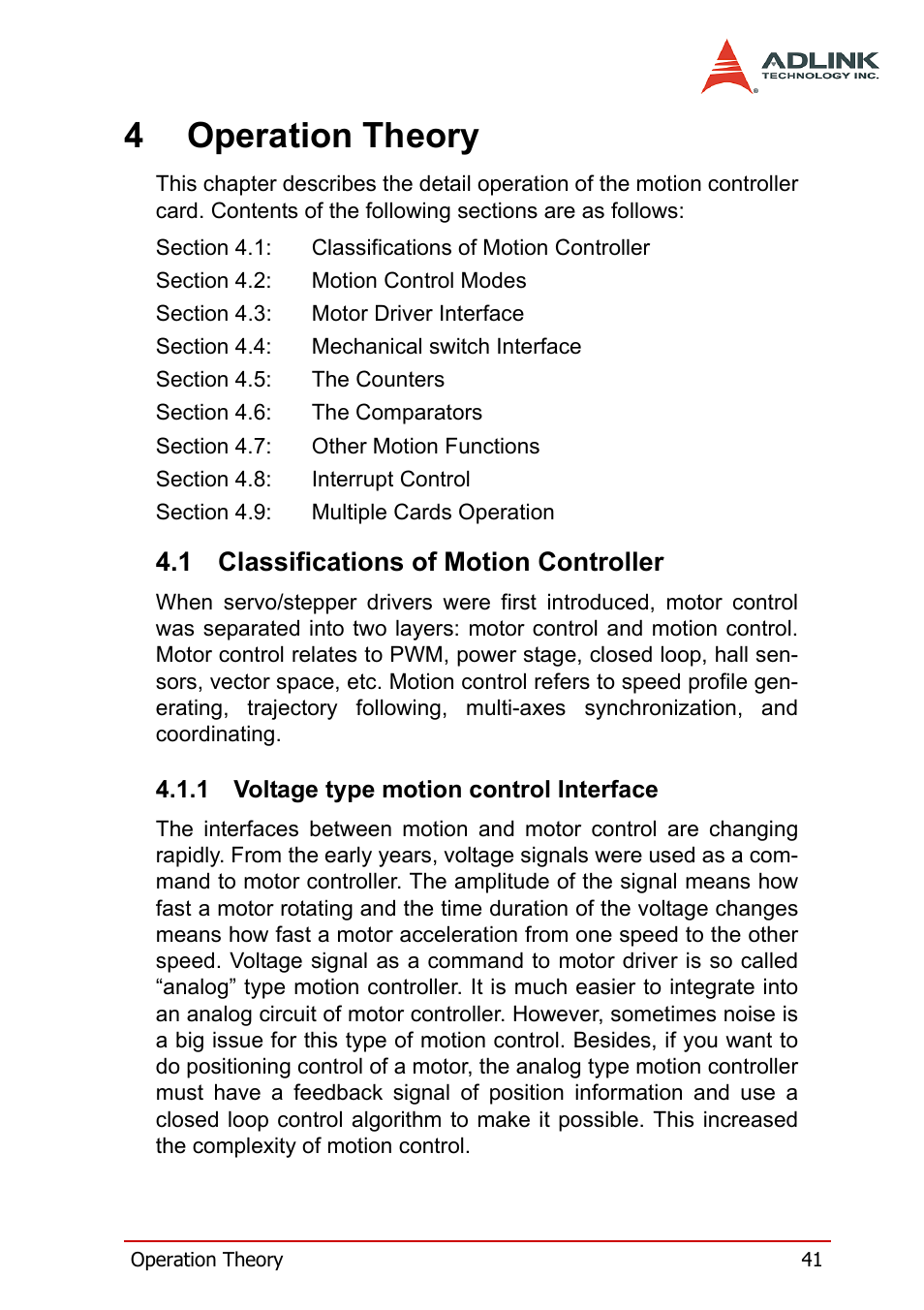 4 operation theory, 1 classifications of motion controller, 1 voltage type motion control interface | Classifications of motion controller, Voltage type motion control interface, 4operation theory | ADLINK PCI-8158 User Manual | Page 51 / 220