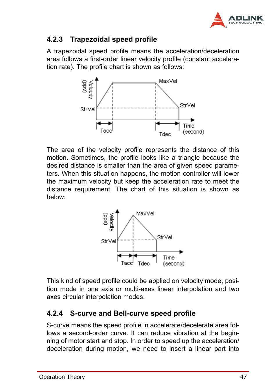 3 trapezoidal speed profile, 4 s-curve and bell-curve speed profile | ADLINK PCI-8158 User Manual | Page 57 / 220