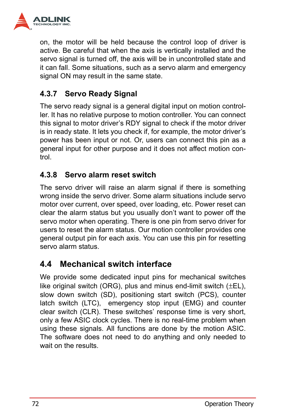 7 servo ready signal, 8 servo alarm reset switch, 4 mechanical switch interface | Servo ready signal servo alarm reset switch, Mechanical switch interface | ADLINK PCI-8158 User Manual | Page 82 / 220