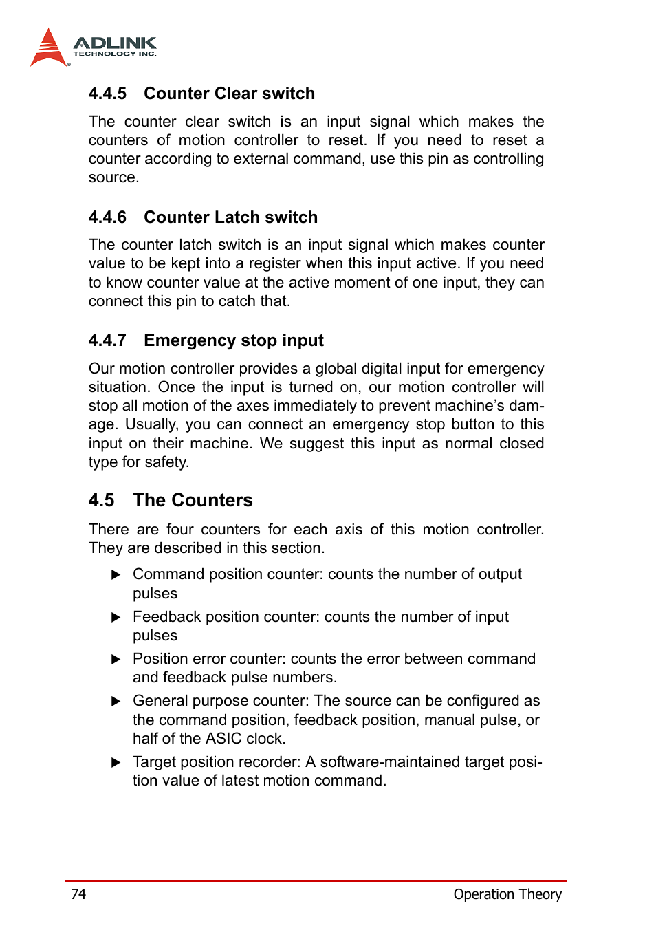 5 counter clear switch, 6 counter latch switch, 7 emergency stop input | 5 the counters, The counters | ADLINK PCI-8158 User Manual | Page 84 / 220