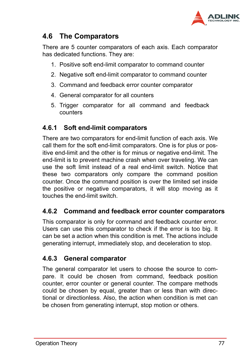 6 the comparators, 1 soft end-limit comparators, 2 command and feedback error counter comparators | 3 general comparator, The comparators | ADLINK PCI-8158 User Manual | Page 87 / 220