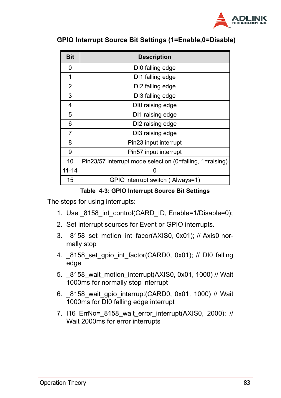 Table 4-3: gpio interrupt source bit settings | ADLINK PCI-8158 User Manual | Page 93 / 220