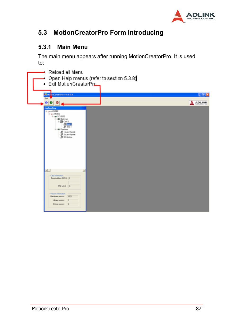 3 motioncreatorpro form introducing, 1 main menu, Motioncreatorpro form introducing | Main menu | ADLINK PCI-8158 User Manual | Page 97 / 220