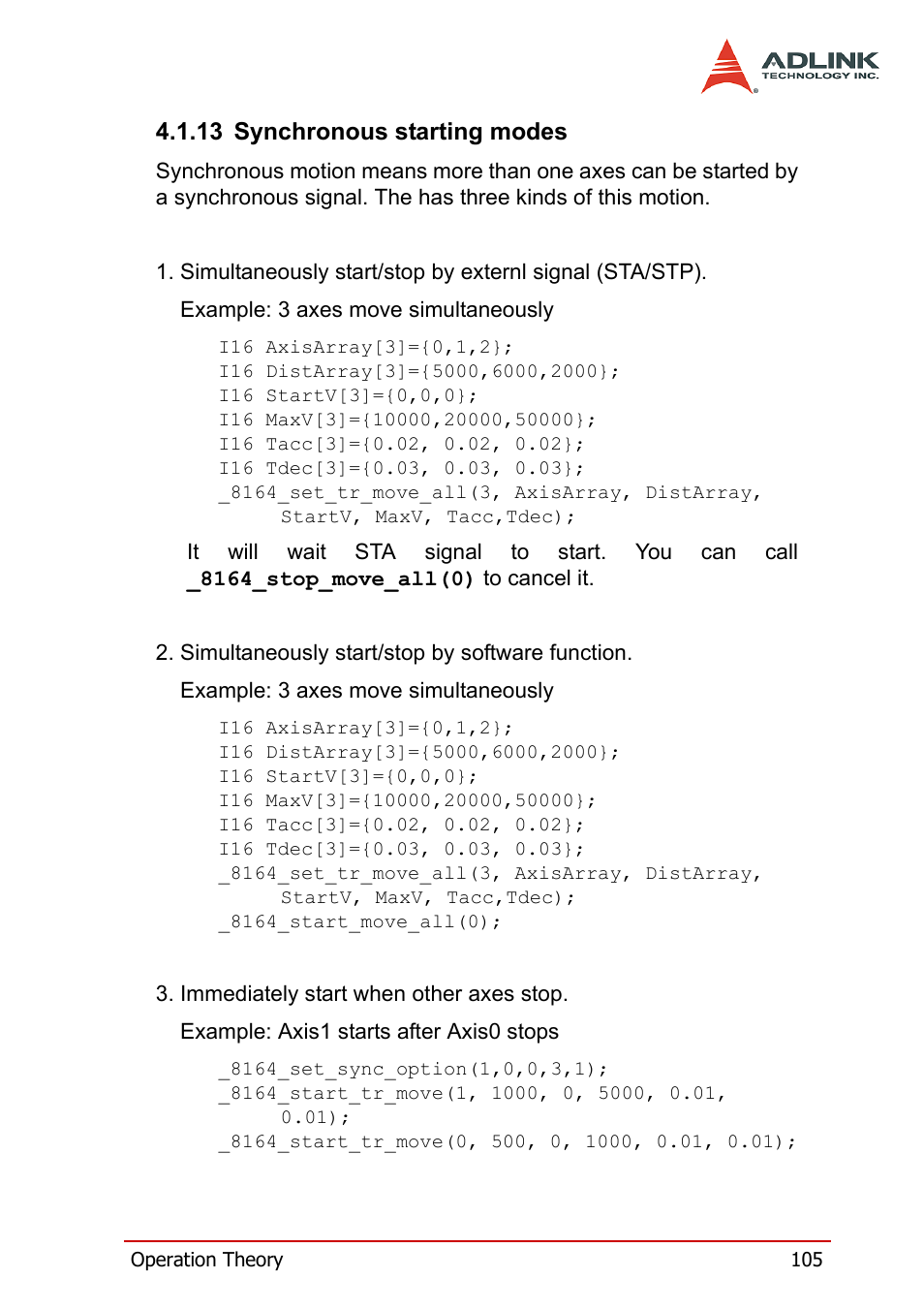 13 synchronous starting modes, Synchronous starting modes | ADLINK PCI-8164 User Manual | Page 117 / 310