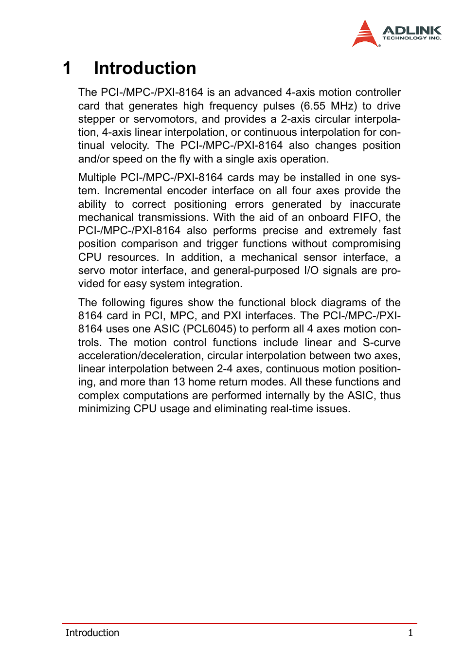 1 introduction, 1introduction | ADLINK PCI-8164 User Manual | Page 13 / 310