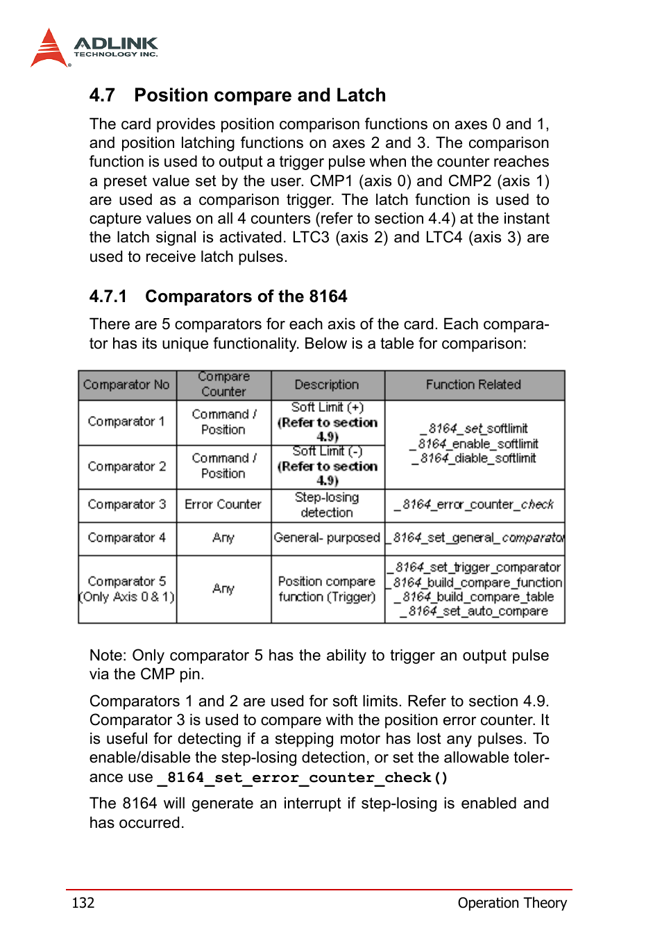 7 position compare and latch, 1 comparators of the 8164, Position compare and latch | Comparators of the 8164 | ADLINK PCI-8164 User Manual | Page 144 / 310