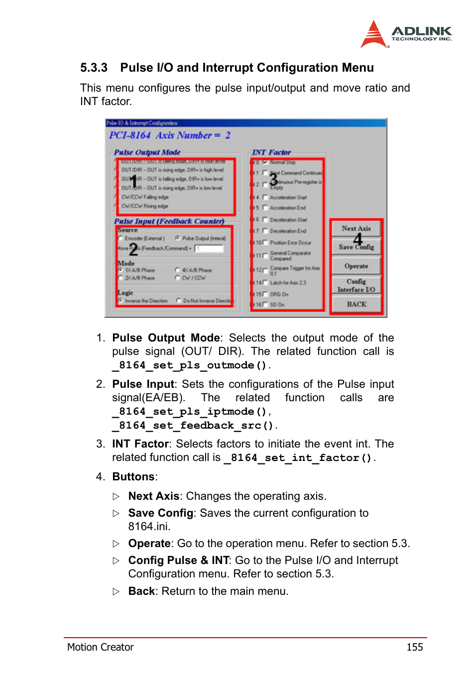 3 pulse i/o and interrupt configuration menu, Pulse i/o and interrupt configuration menu | ADLINK PCI-8164 User Manual | Page 167 / 310