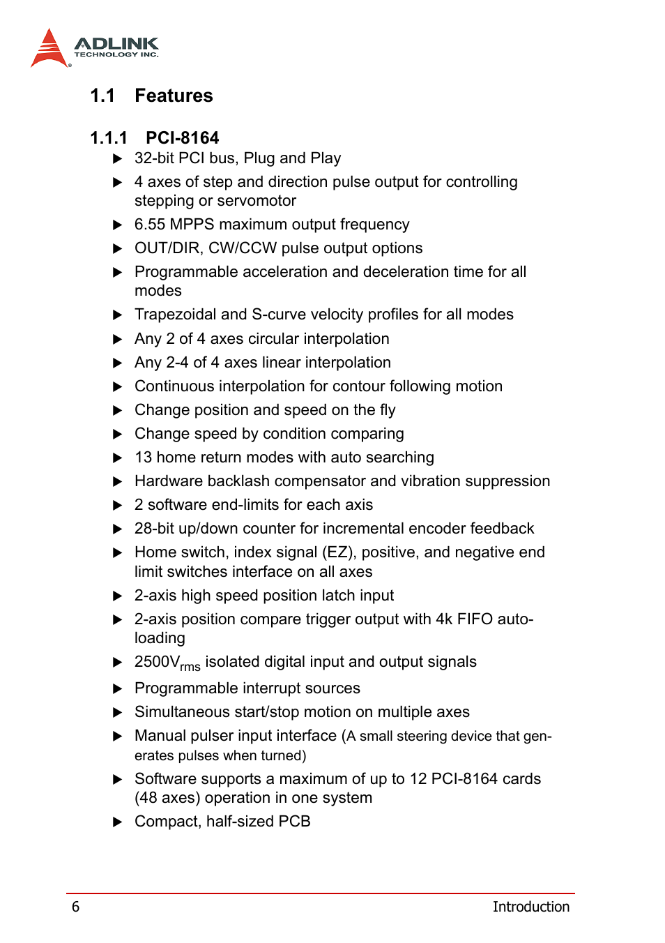 1 features, 1 pci-8164, Features | Pci-8164 | ADLINK PCI-8164 User Manual | Page 18 / 310