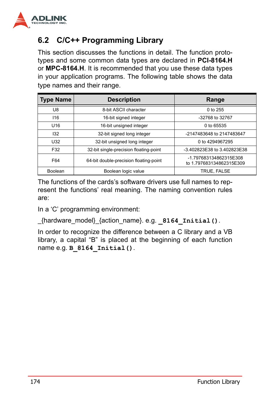 2 c/c++ programming library, C/c++ programming library | ADLINK PCI-8164 User Manual | Page 186 / 310