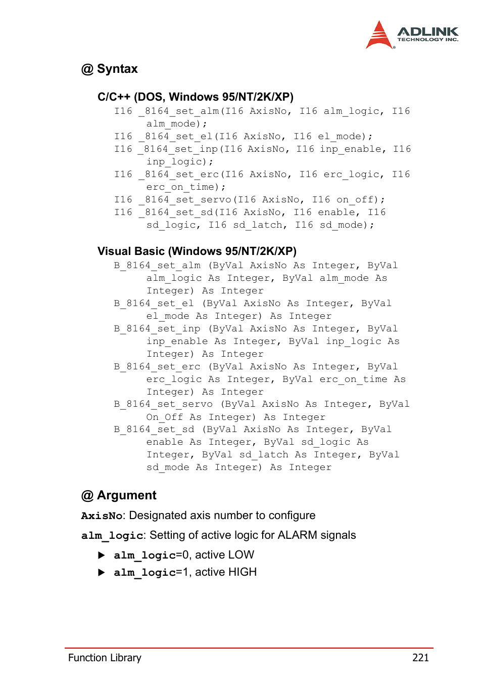Syntax, Argument | ADLINK PCI-8164 User Manual | Page 233 / 310