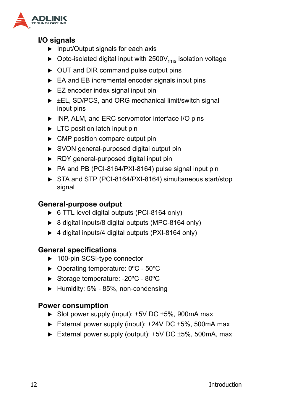 I/o signals, General-purpose output, General specifications | Power consumption | ADLINK PCI-8164 User Manual | Page 24 / 310
