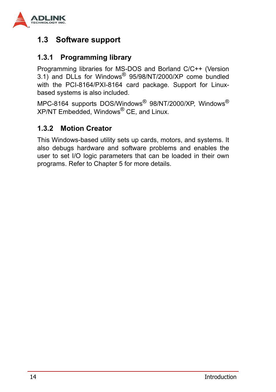 3 software support, 1 programming library, 2 motion creator | Software support, Programming library motion creator | ADLINK PCI-8164 User Manual | Page 26 / 310