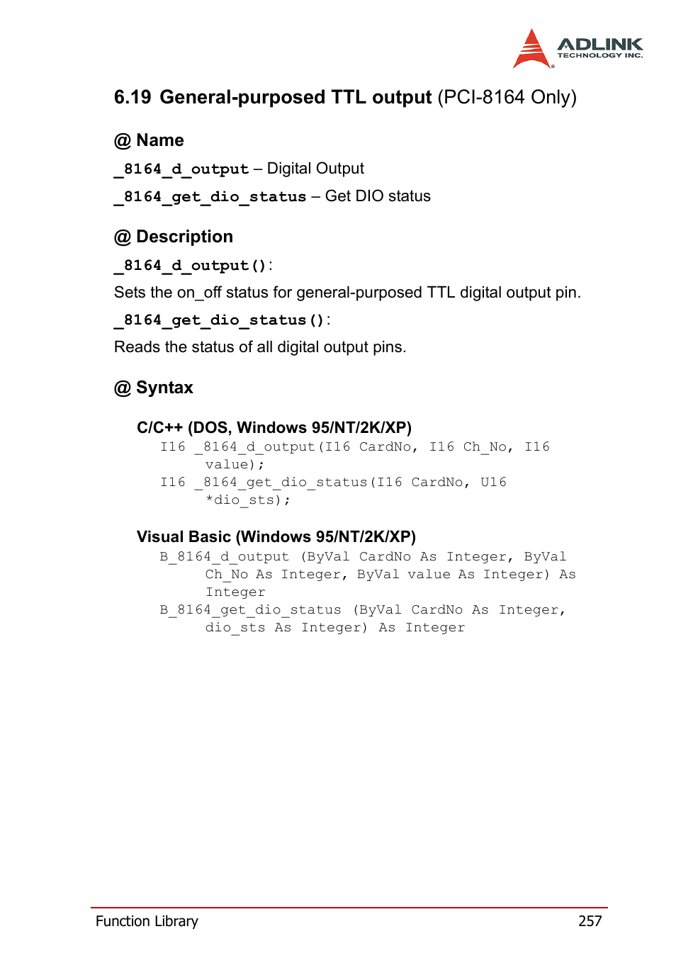 19 general-purposed ttl output (pci-8164 only) | ADLINK PCI-8164 User Manual | Page 269 / 310