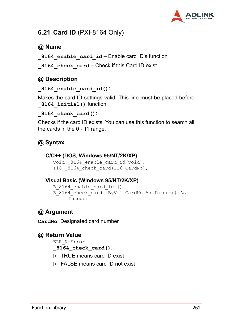21 card id (pxi-8164 only) | ADLINK PCI-8164 User Manual | Page 273 / 310