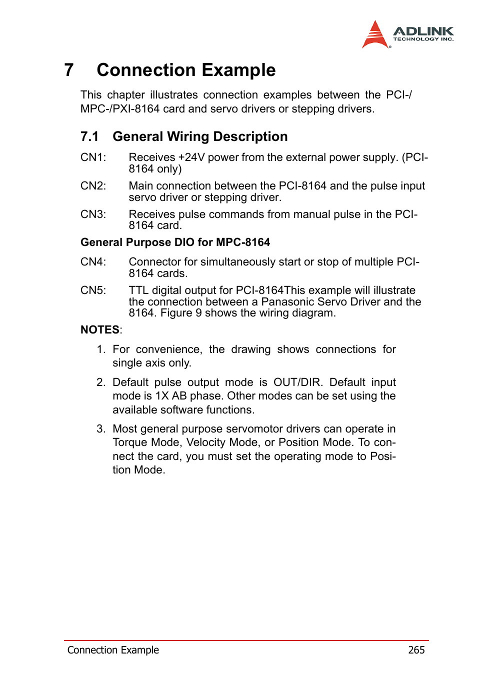 7 connection example, 1 general wiring description, General wiring description | 7connection example | ADLINK PCI-8164 User Manual | Page 277 / 310