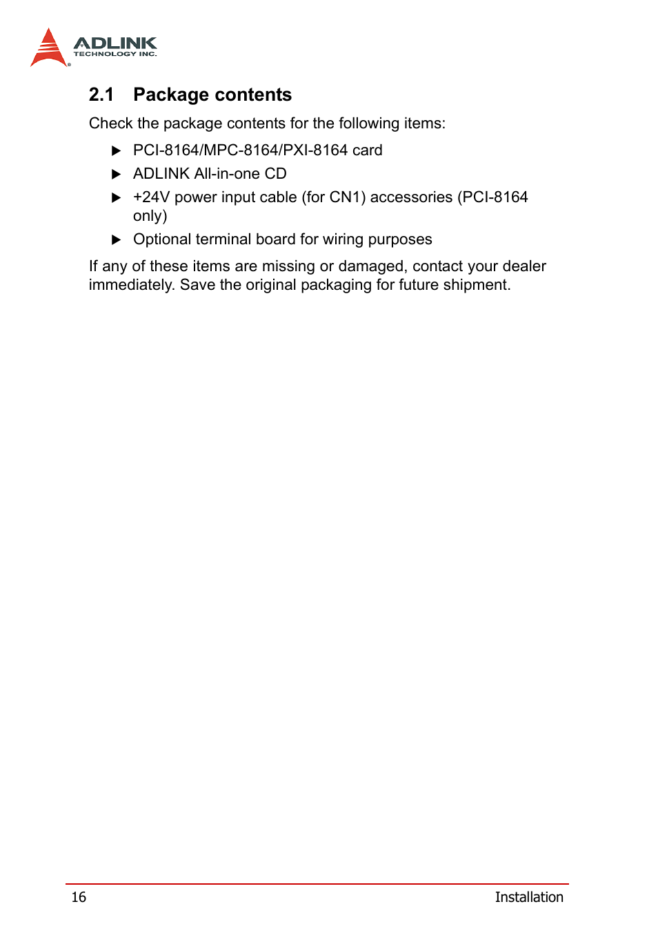 1 package contents, Package contents | ADLINK PCI-8164 User Manual | Page 28 / 310