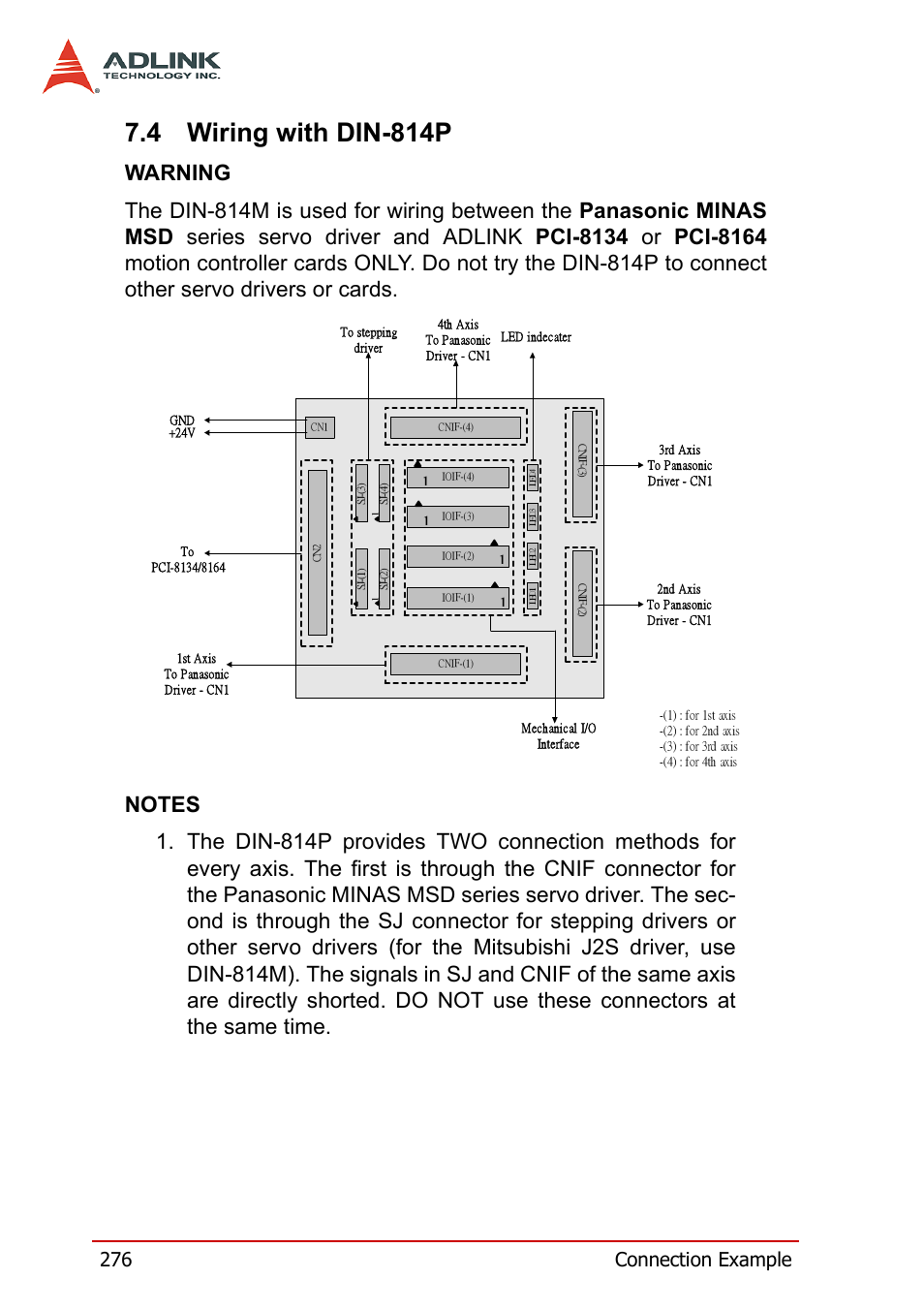 4 wiring with din-814p, Wiring with din-814p, 276 connection example | ADLINK PCI-8164 User Manual | Page 288 / 310