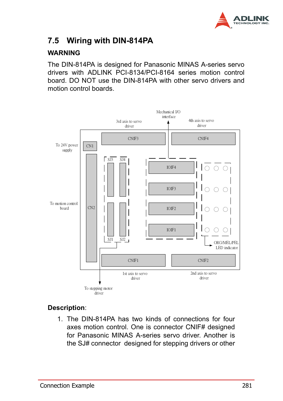 5 wiring with din-814pa, Wiring with din-814pa, Connection example 281 | ADLINK PCI-8164 User Manual | Page 293 / 310