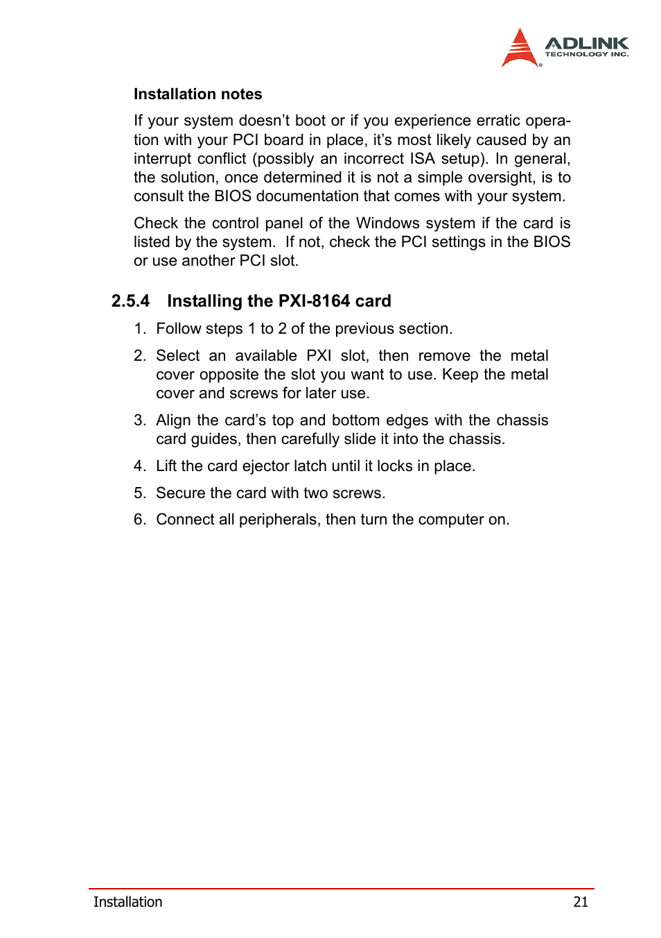 4 installing the pxi-8164 card, Installing the pxi-8164 card | ADLINK PCI-8164 User Manual | Page 33 / 310