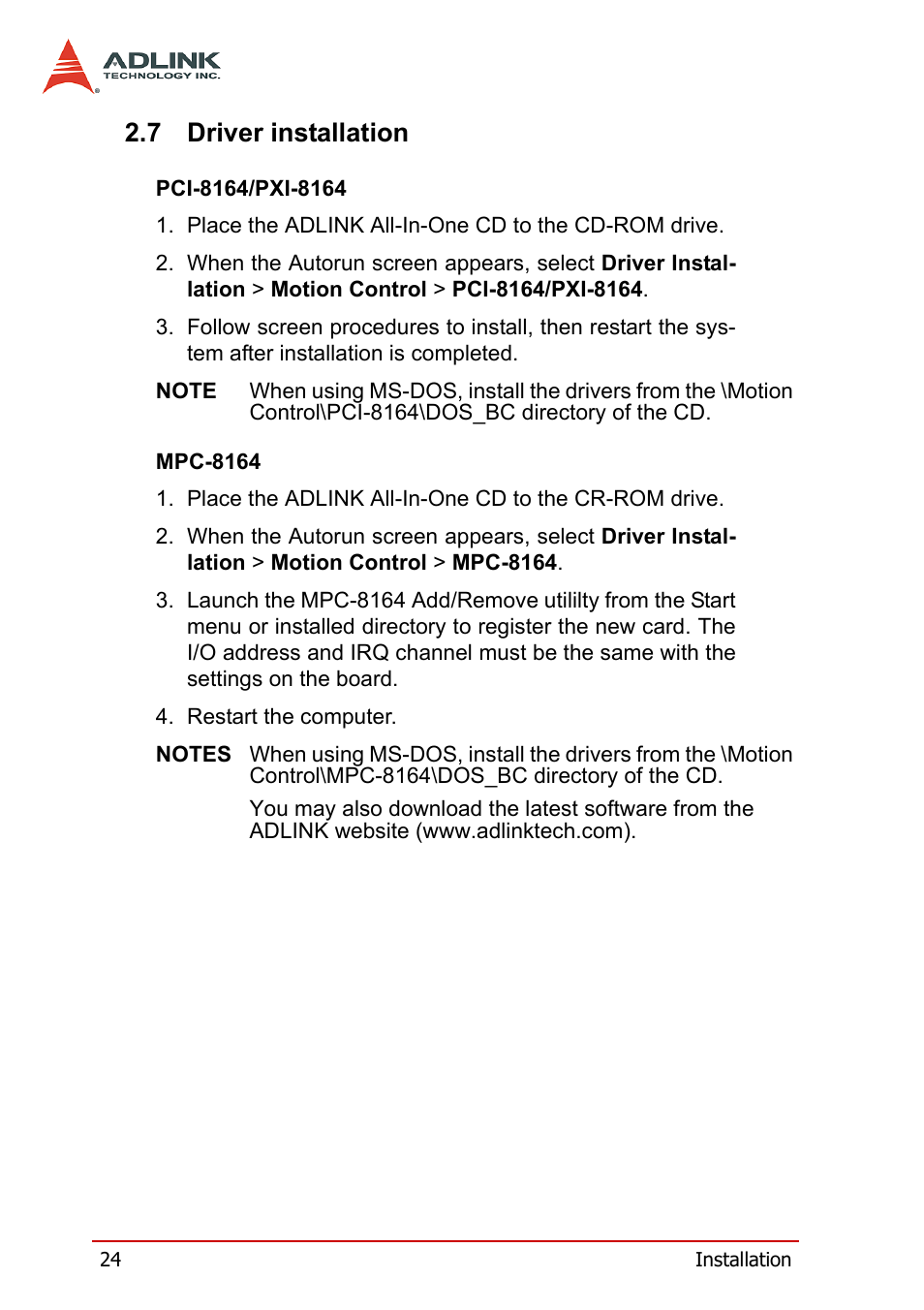 7 driver installation, Driver installation | ADLINK PCI-8164 User Manual | Page 36 / 310
