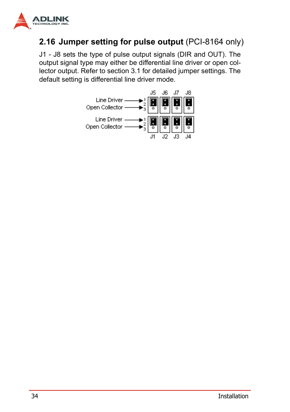 16 jumper setting for pulse output (pci-8164 only) | ADLINK PCI-8164 User Manual | Page 46 / 310